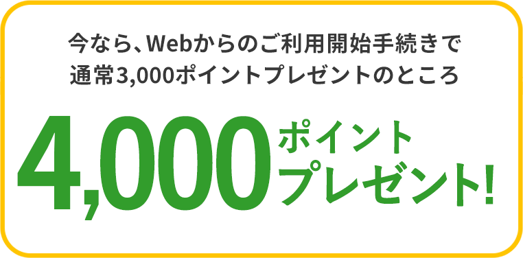 今なら、Webからのご利用開始手続きで通常3,000ポイントプレゼントのところ 4,000ポイントプレゼント!