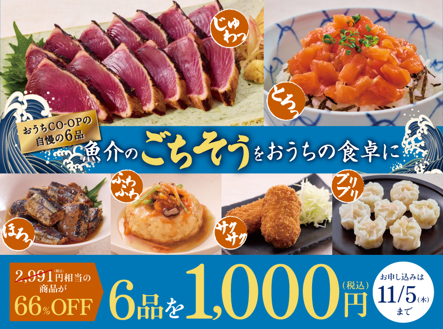魚介のごちそう6品セット2,991円（税込）相当の商品が今なら66％OFFの1,000円(税込)でおためし!お申し込み期間：9/7(月) ～ 11/5(木)まで